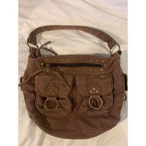 Dufell Canvass Purse Green short strap lots pockets with snaps